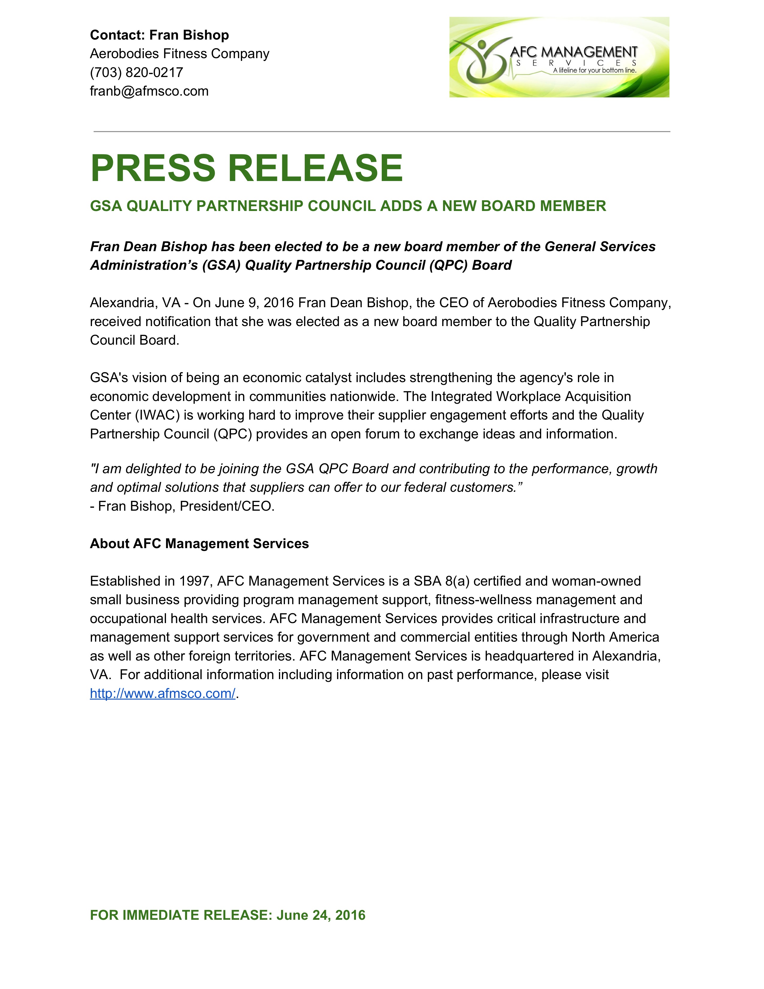 GSA QUALITY PARTNERSHIP COUNCIL ADDS A NEW BOARD MEMBER